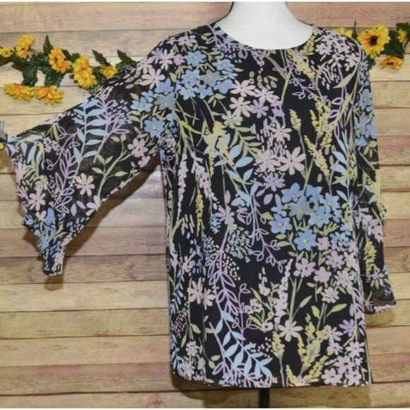 Calvin Klein Ladies Black Floral Blouse Top Size M Ruffled 3/4 Sleeves Career - Picture 6 of 14